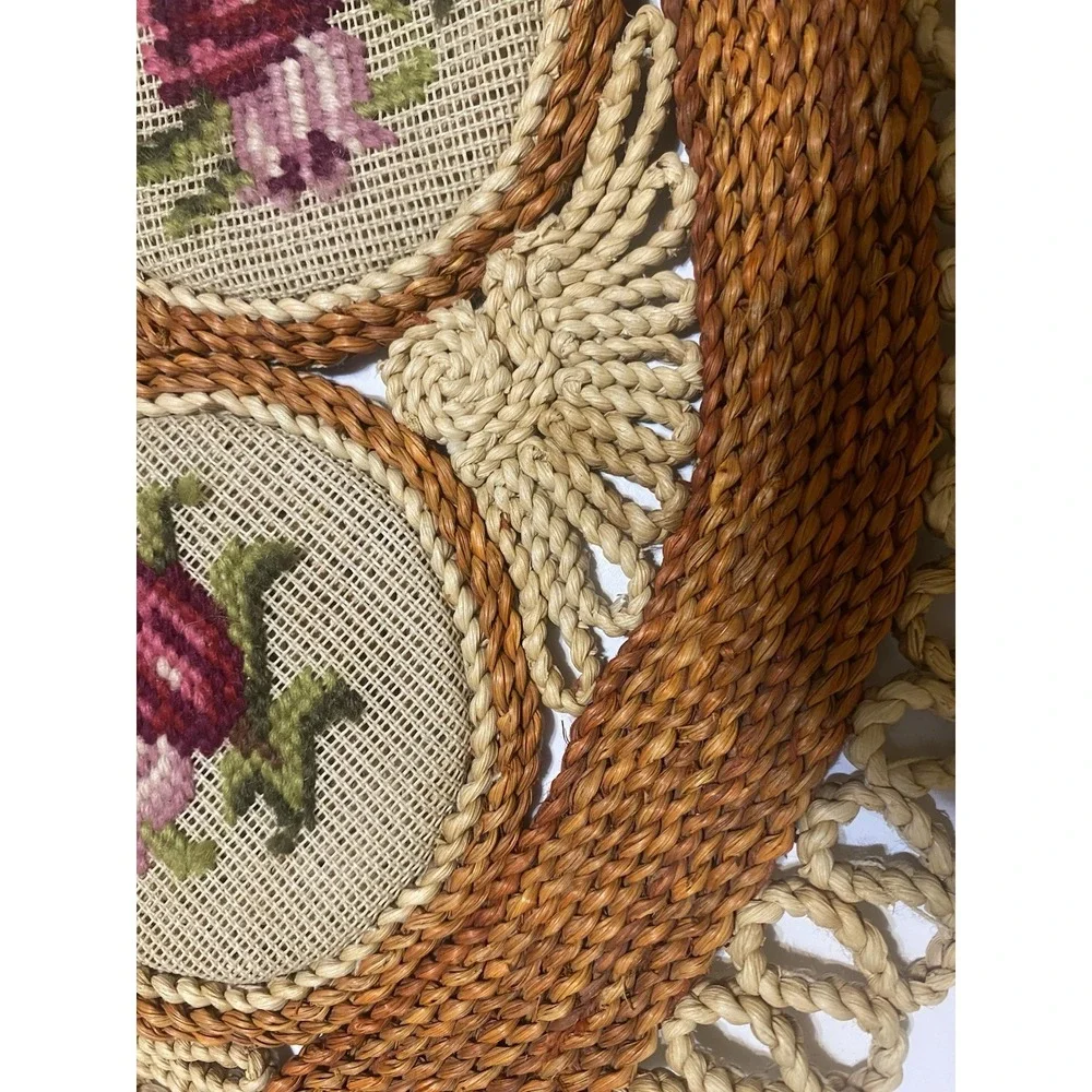 Woven Rattan Table Centerpiece 1970's MCM Needlepoint  Roses-As Is